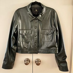 House of Harlow 1960 Green Crocodile Texture Faux Leather Cropped Jacket